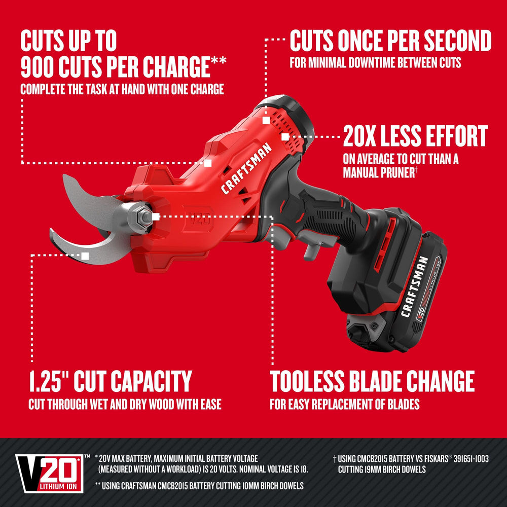CRAFTSMAN V20 pruner blade close-up displaying sharp edge and corrosion-resistant finish for cleaner cuts