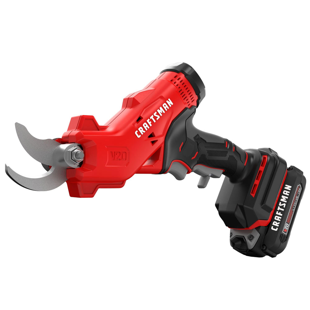 CRAFTSMAN V20 pruner beside a freshly pruned shrub showing tidy results and time savings