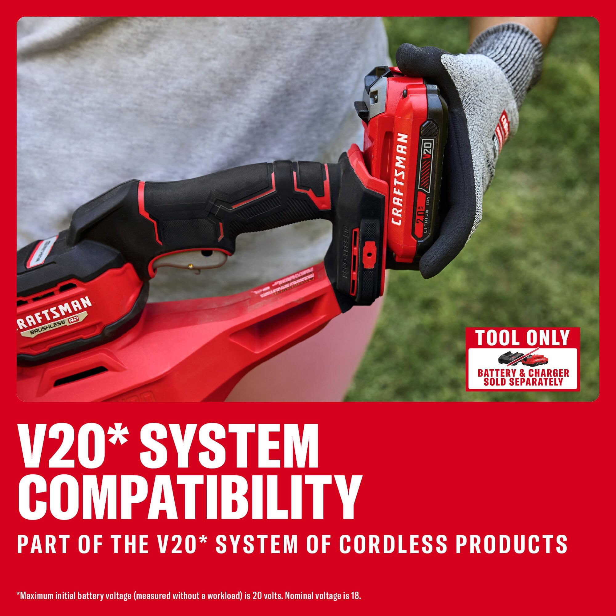 CRAFTSMAN V20 side view with handle and storage hook illustrating convenient storage