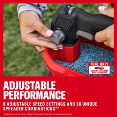 CRAFTSMAN V20 control detail showing 6-speed dial and precise adjustments for even distribution
