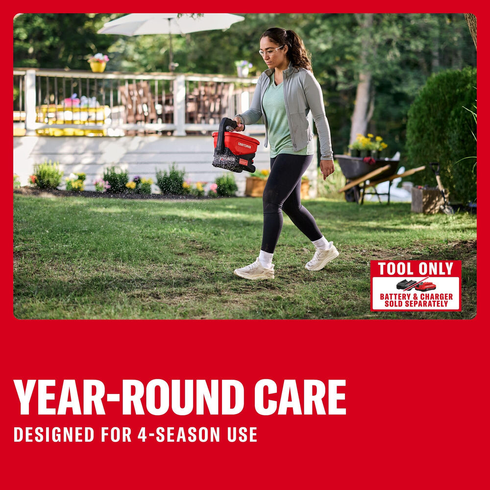 CRAFTSMAN V20 spreading fertilizer on lawn demonstrating uniform coverage benefit