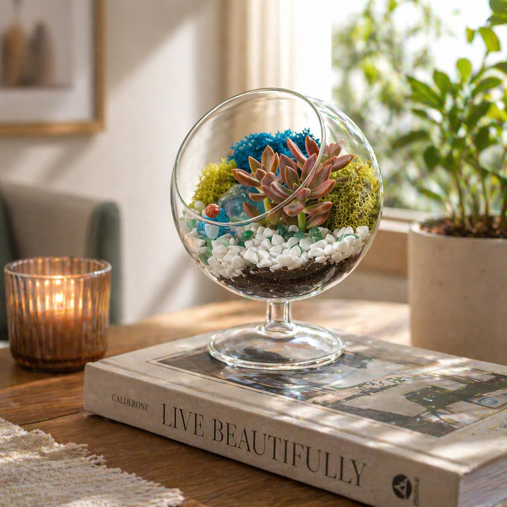 Creations by Nathalie finished terrarium with plant showing polished tabletop display