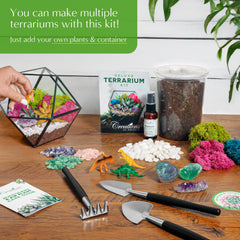 Creations by Nathalie planting tools laid out for precise terrarium assembly