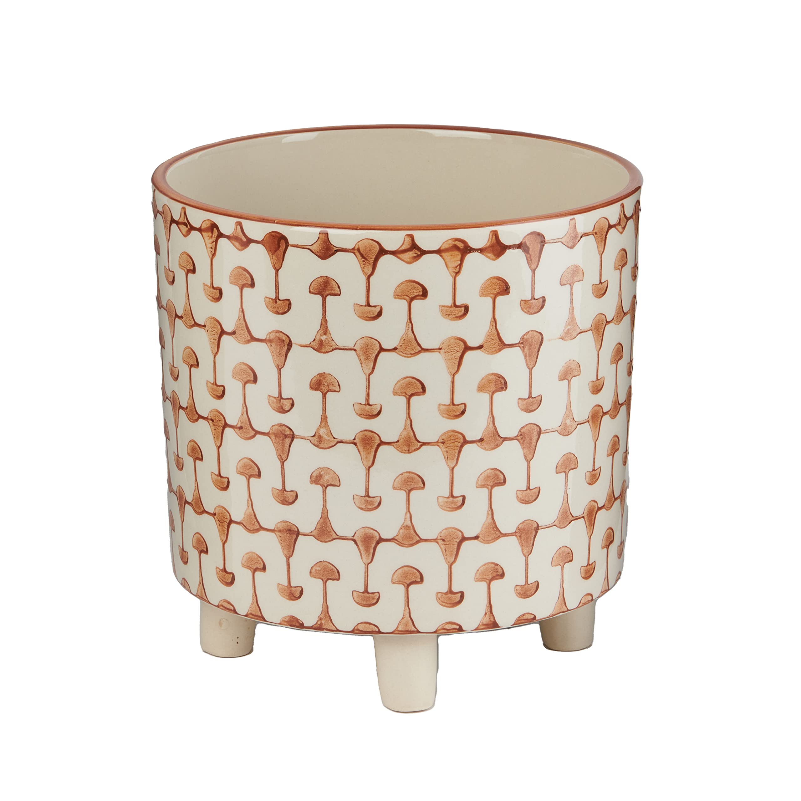 Creative Co-Op front view of rust and white footed planter showing pattern and shape, stylish accent
