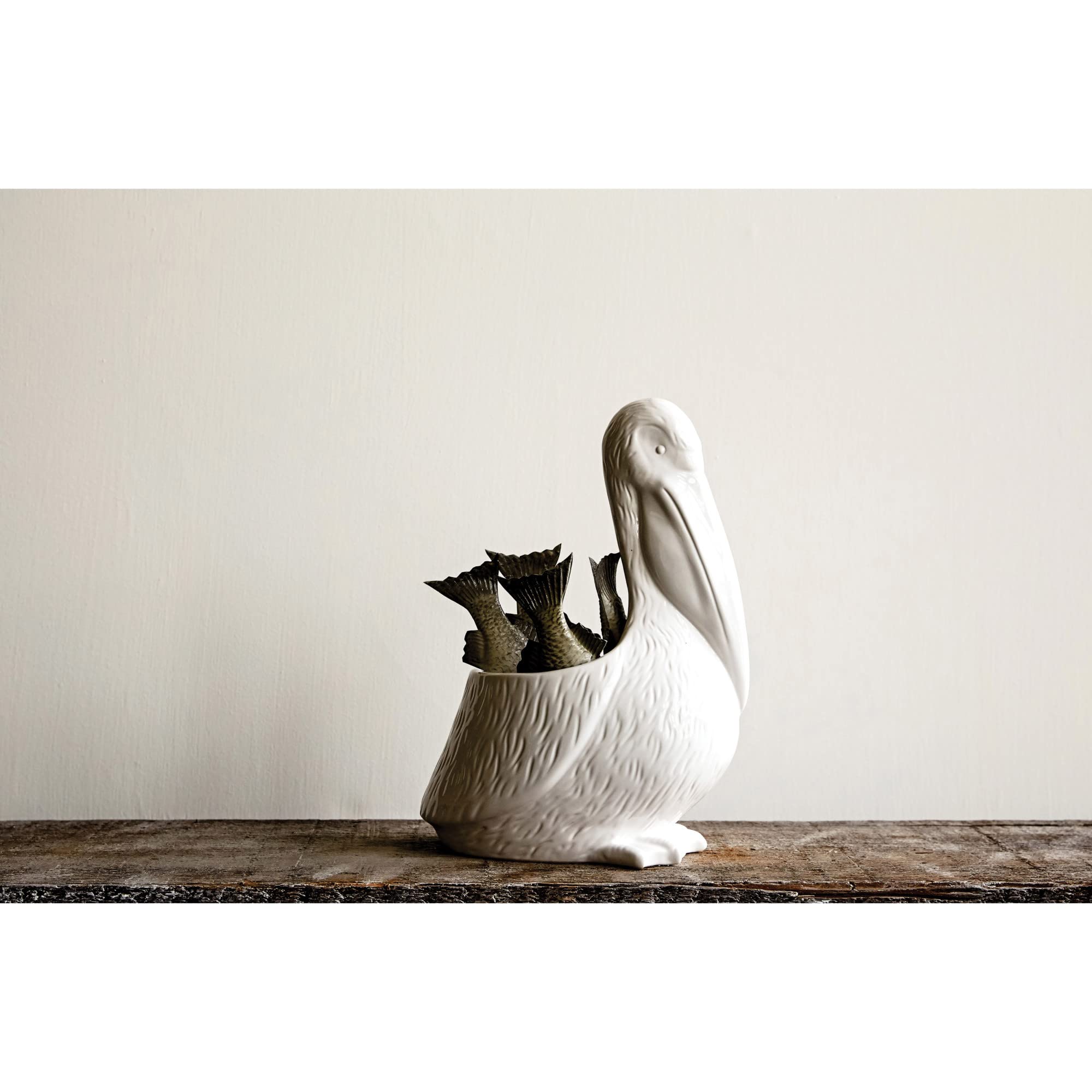 Creative Co-Op pelican planter close-up of beak and texture highlighting durable dolomite