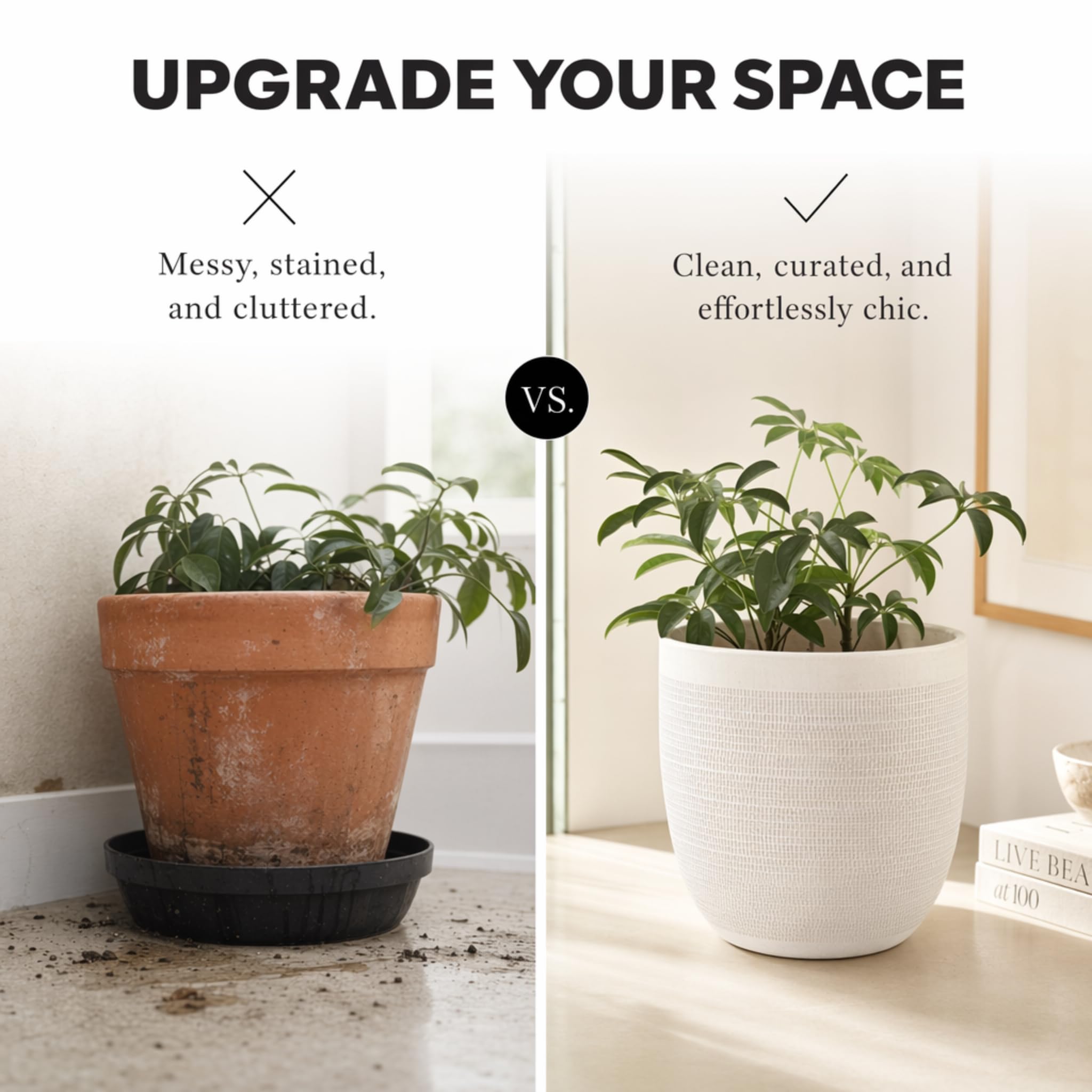 Creative Co-Op planter styled in living room on floor near console for cohesive decor impact