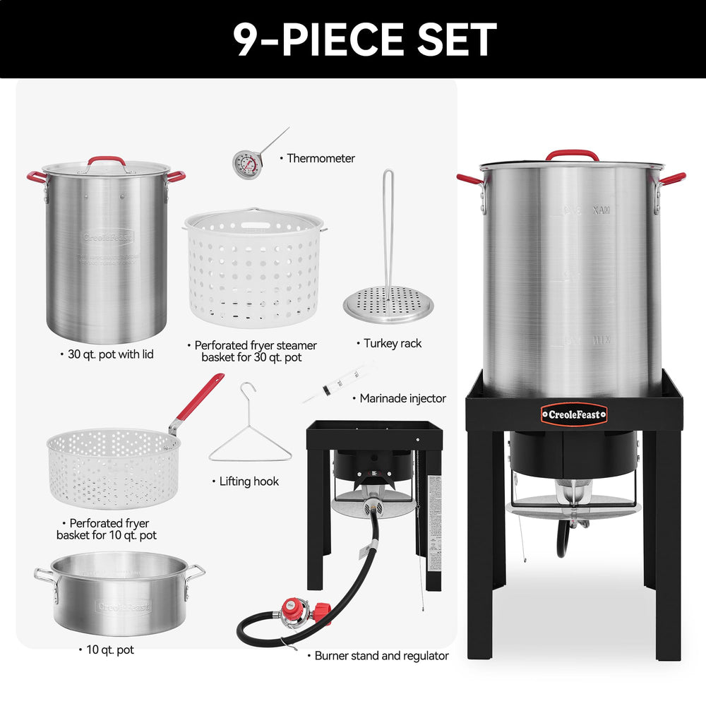 Creole Feast 10 quart fish fryer pot holding fried fish for small-batch frying