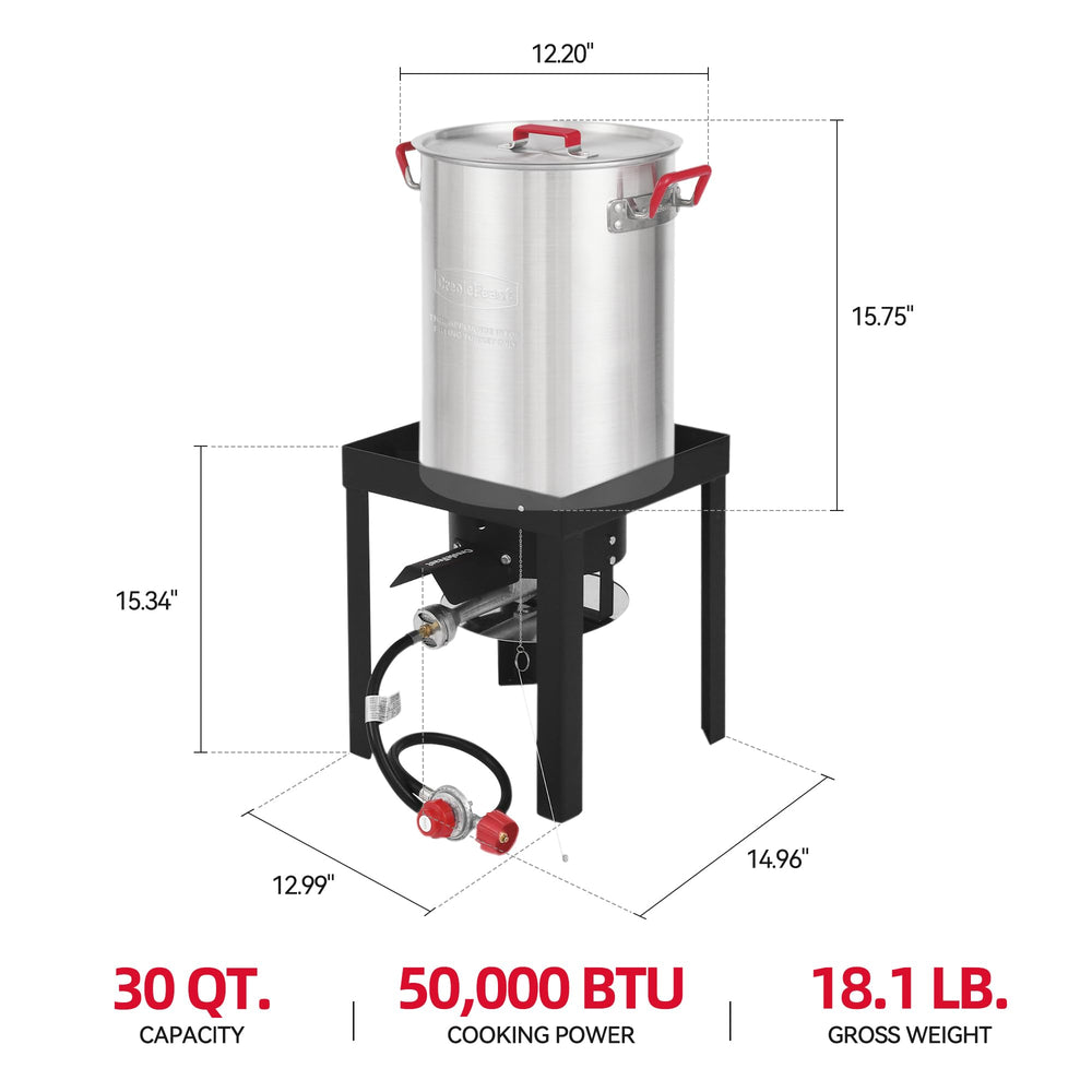 Creole Feast cast-iron 50,000 BTU burner closeup providing powerful consistent heat
