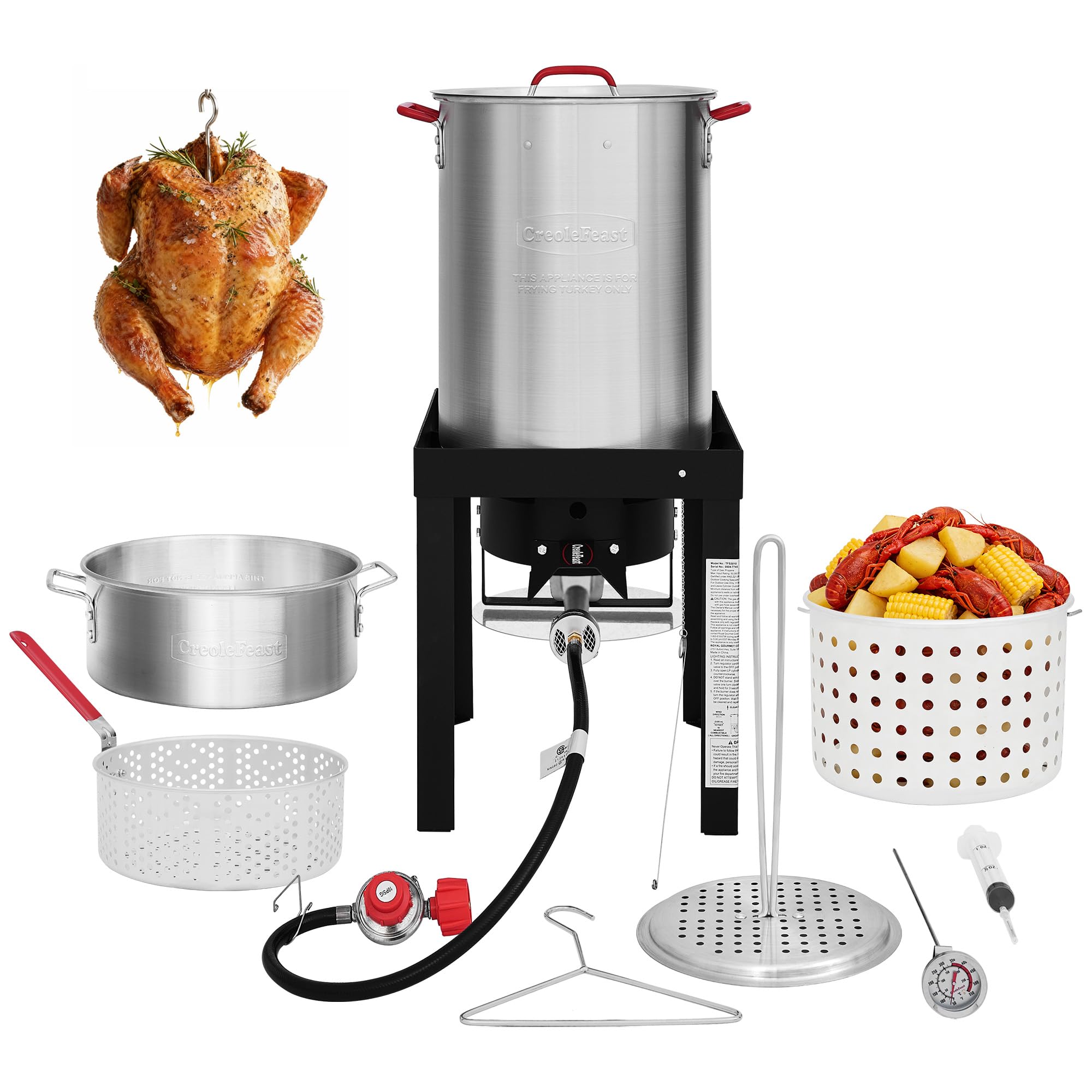 Creole Feast front packaging showing complete fryer set and accessories for ready cooking