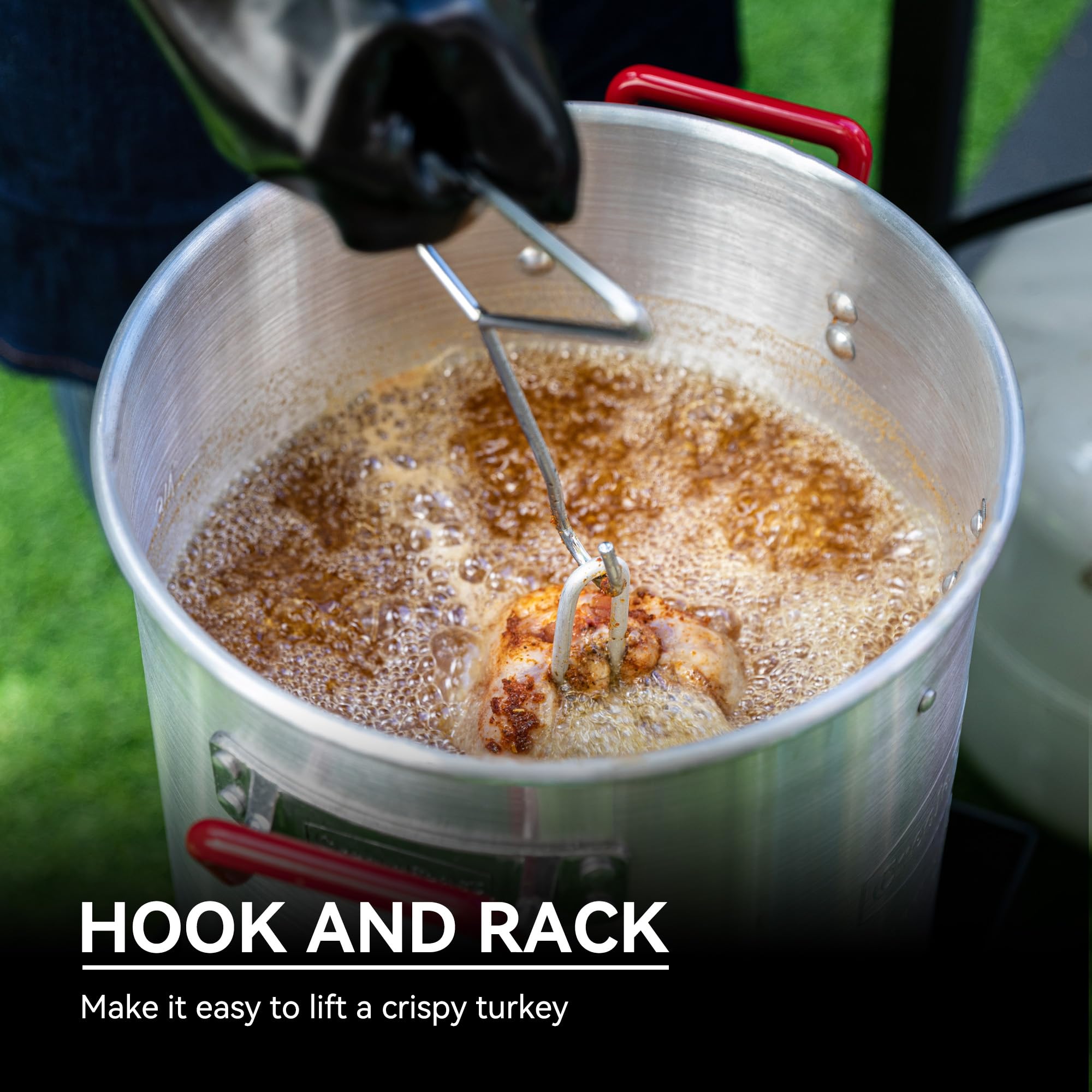Creole Feast perforated turkey rack with lifting hook for safe draining and removal