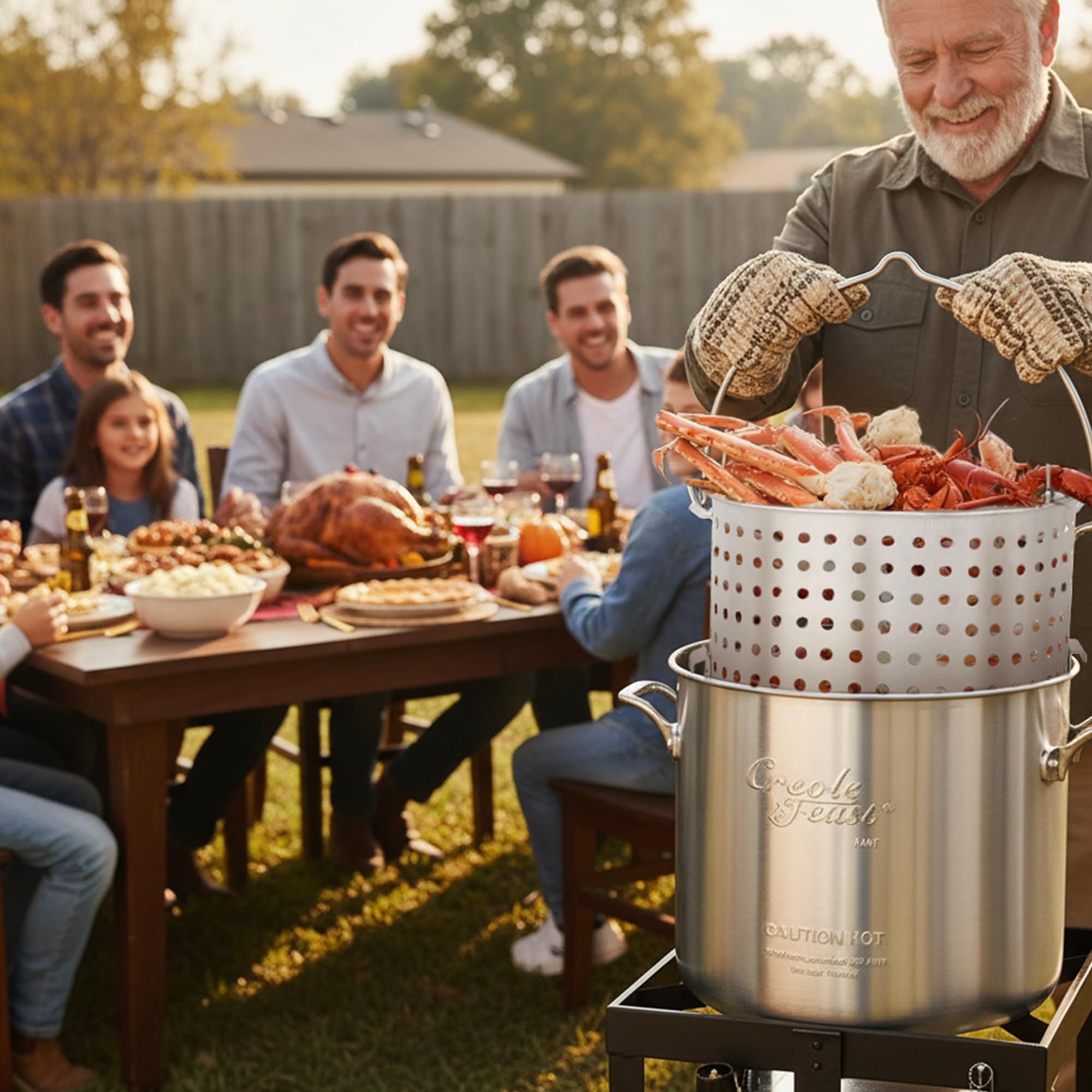 Creole Feast basket loaded with seafood, shows easy lift and drain benefit
