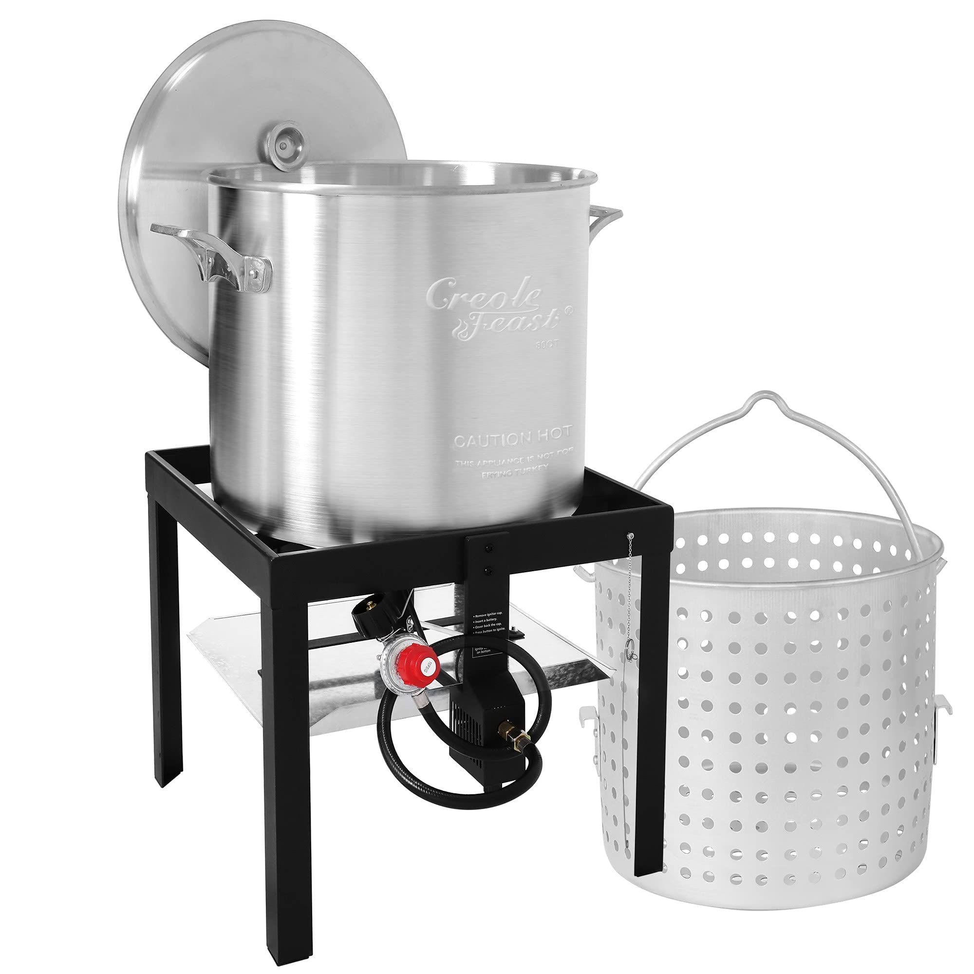 Creole Feast front view showing pot and burner, highlights quick large-batch boiling