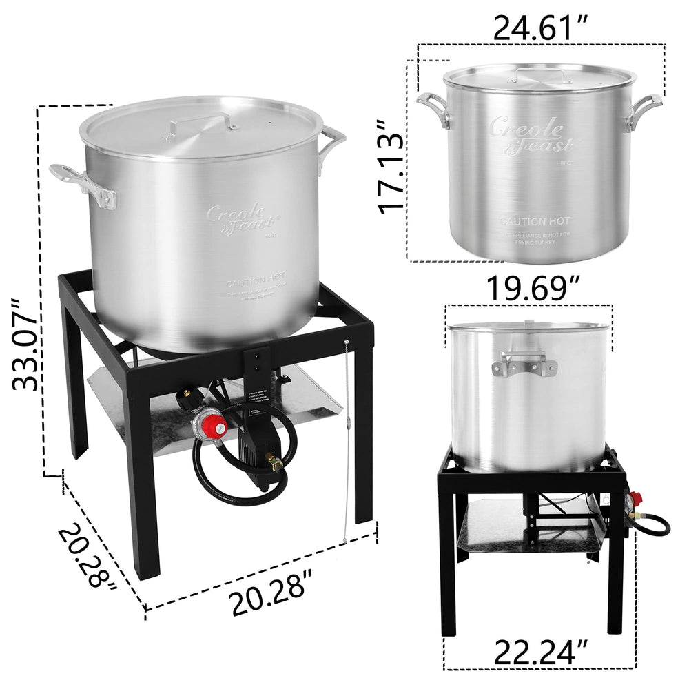 Creole Feast next to person for scale, shows portable 80-quart capacity