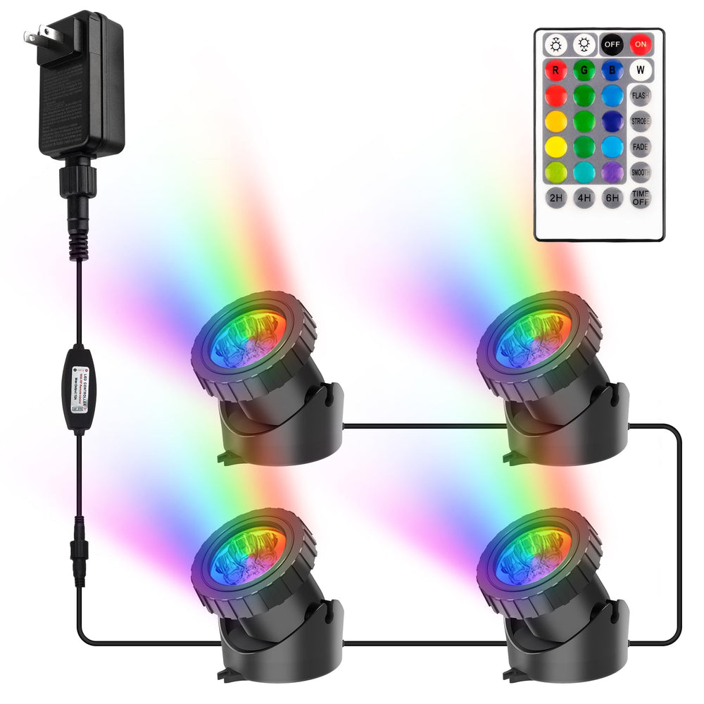 CREPOW front view of four underwater lights showing compact waterproof design and clear benefits