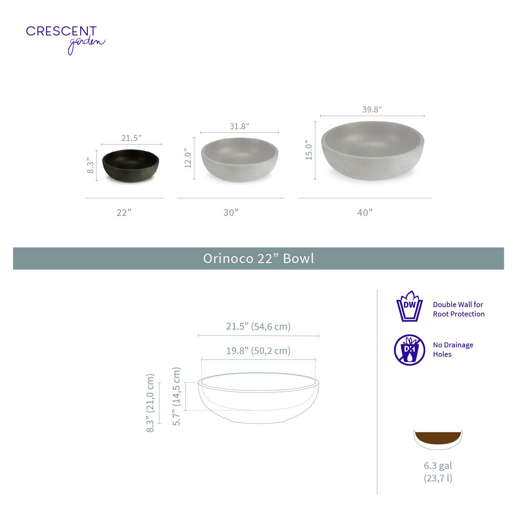 Crescent Garden Orinoco interior dimensions visible to illustrate planting capacity and root space