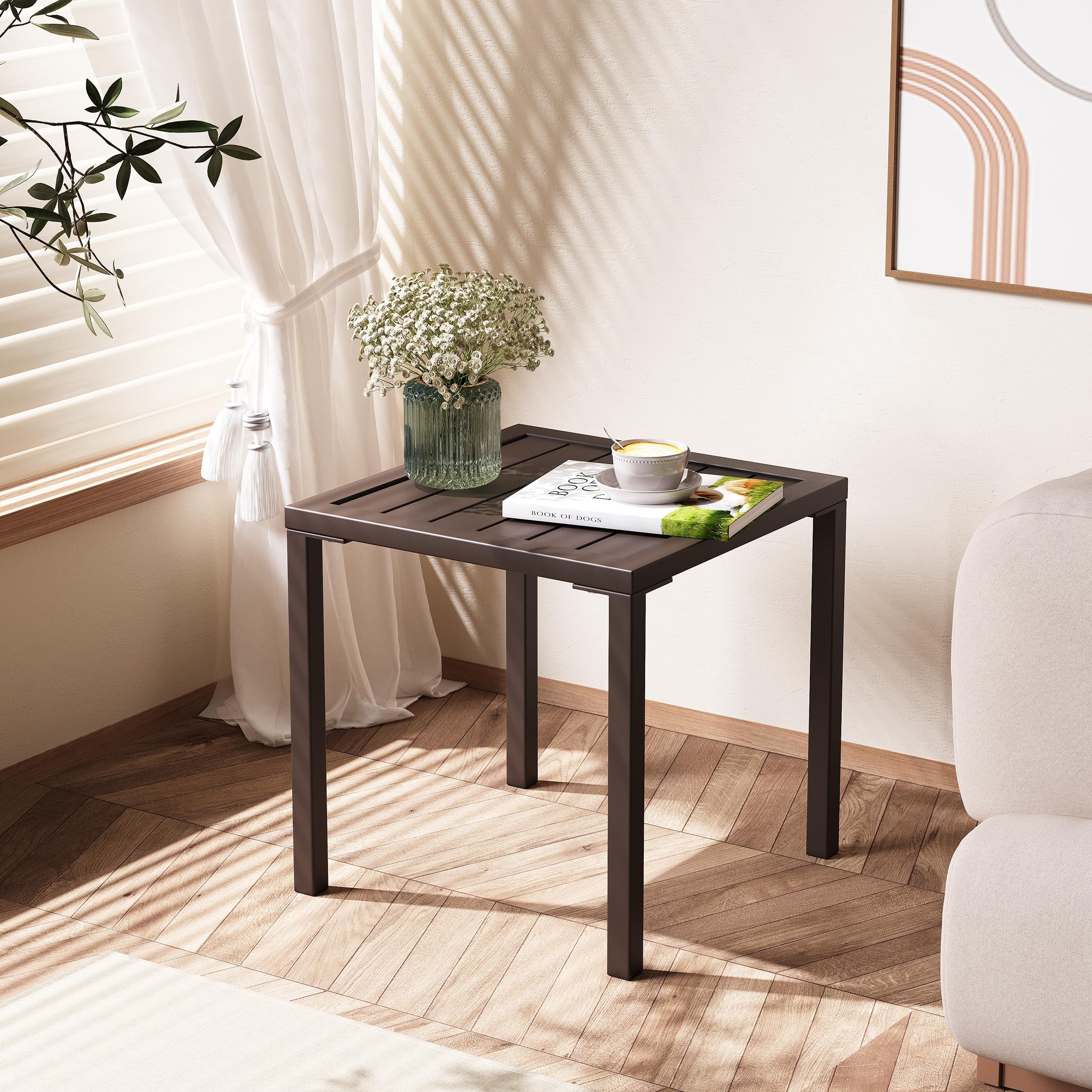 Crestlive table in light rain showing weather resistance and rust-free benefit