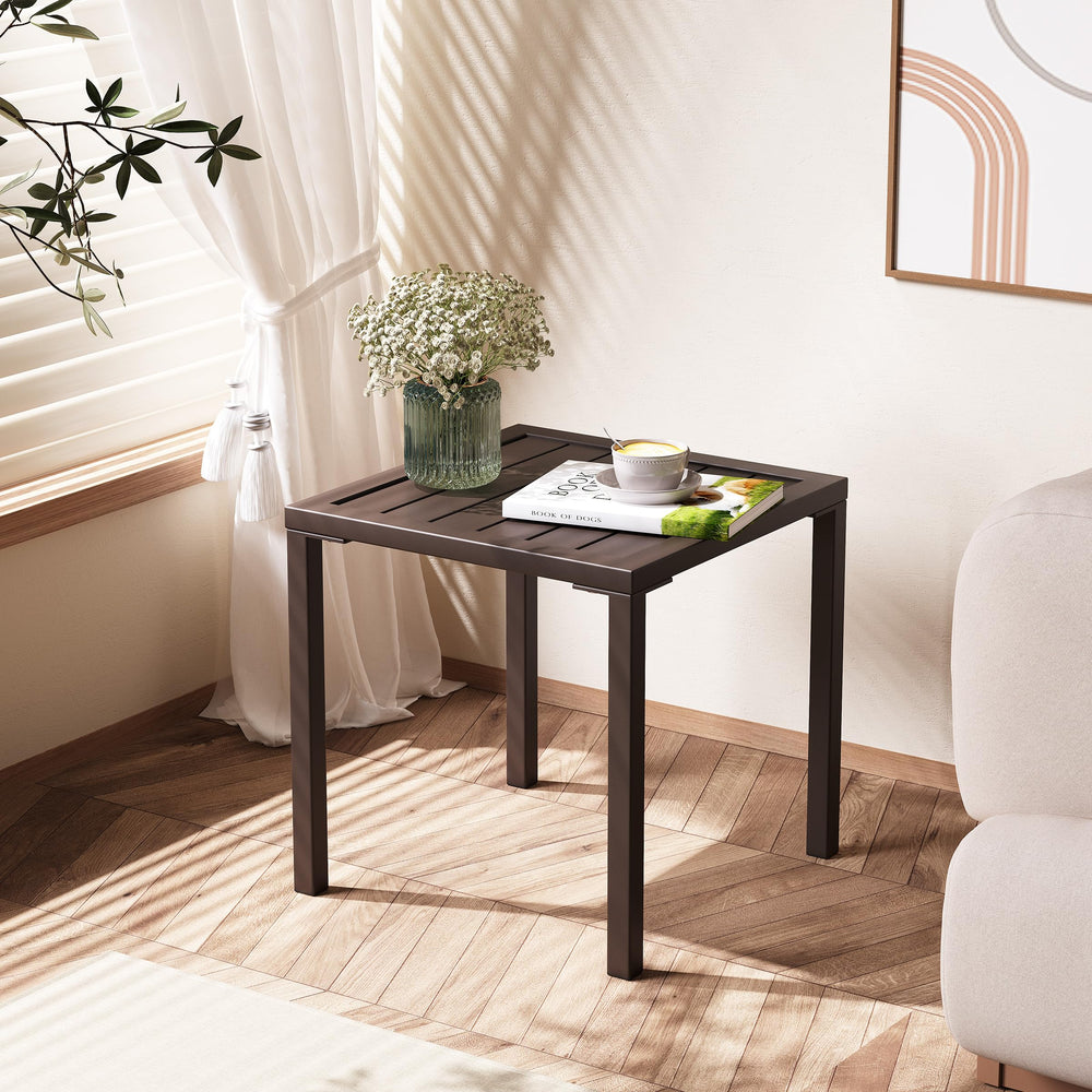 Crestlive table in light rain showing weather resistance and rust-free benefit