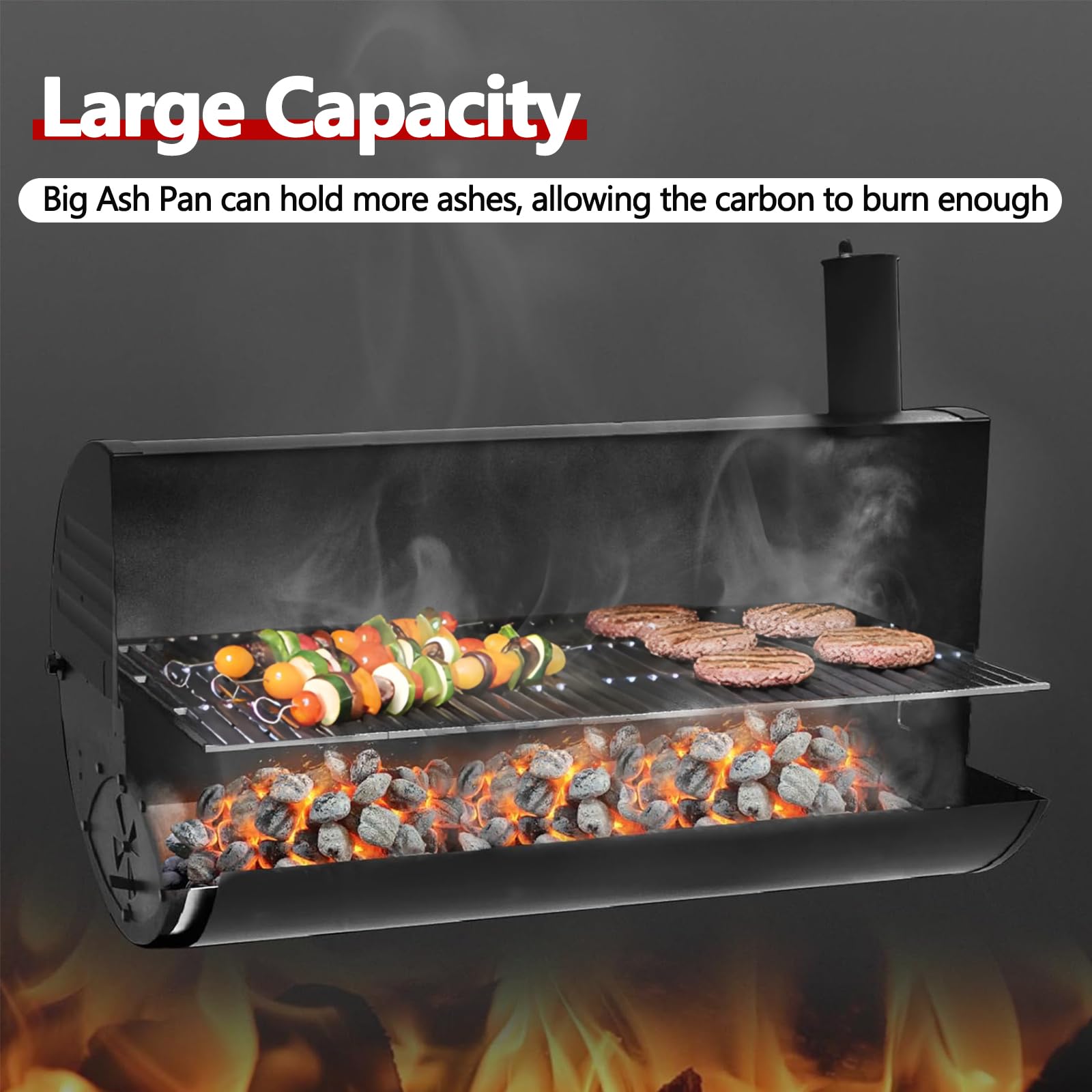 Criditpid ash pan holding charcoal illustrating large capacity for longer cooks