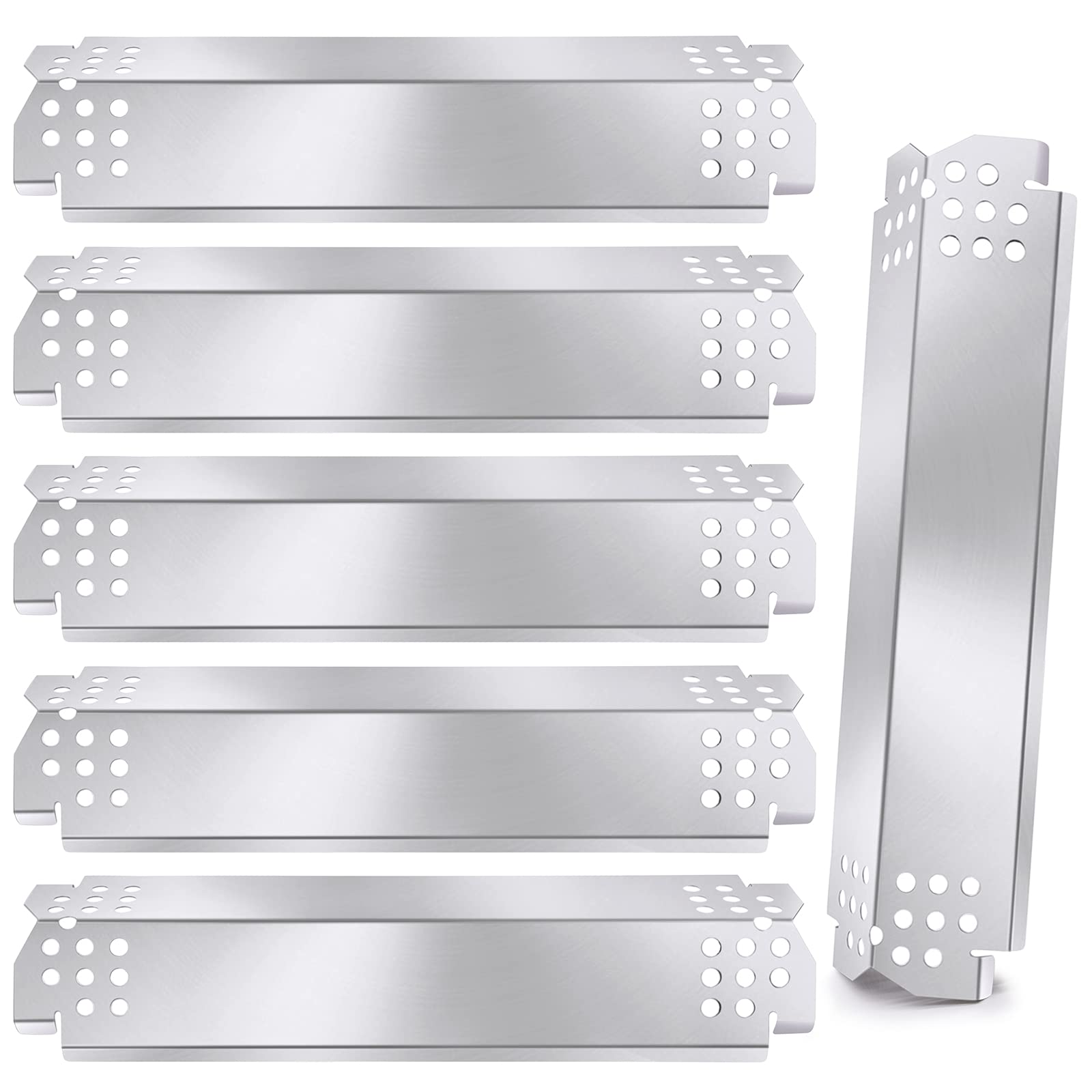 Criditpid front view of six stainless steel heat shields showing compatibility and neat packaging benefit