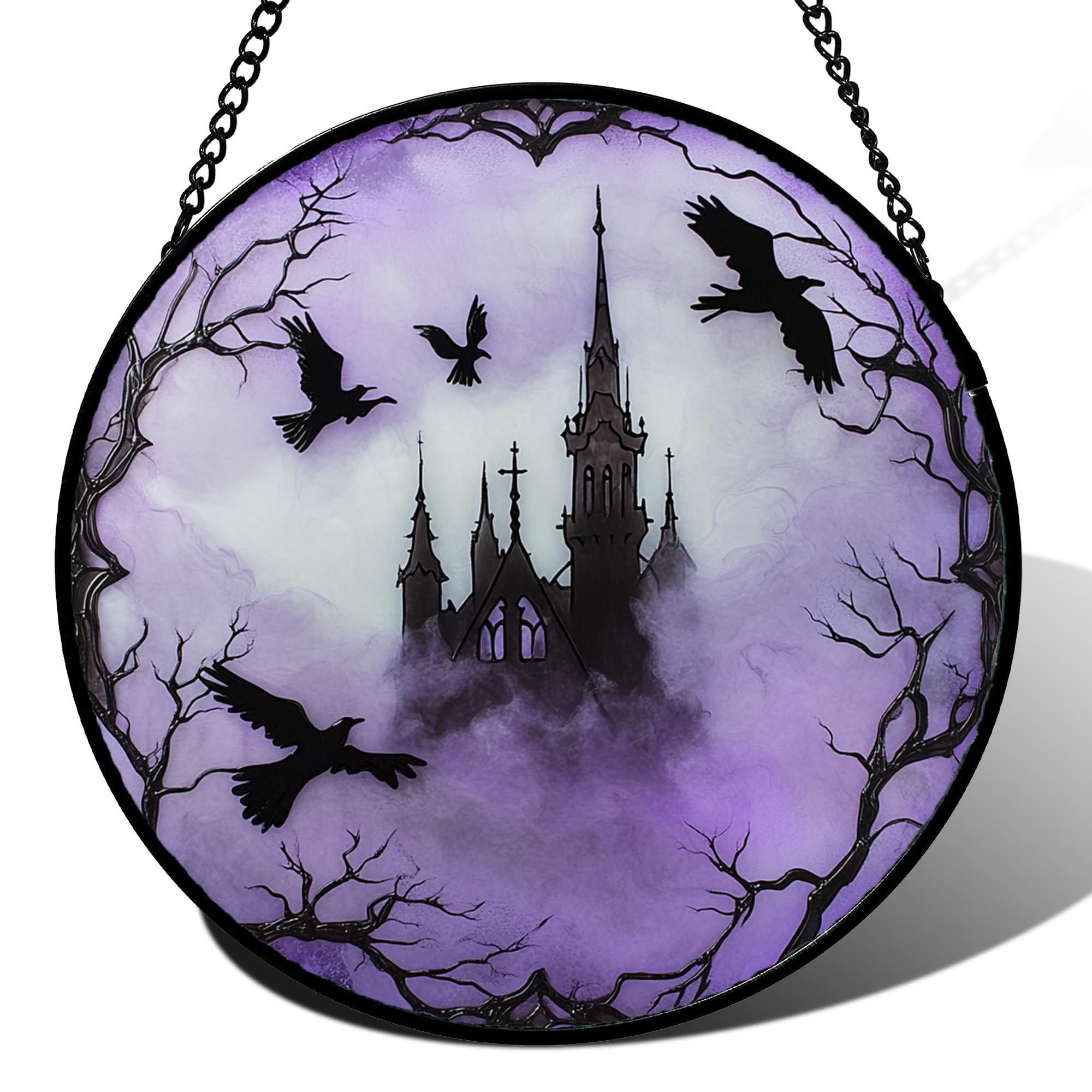 CRISGIF front view of gothic castle suncatcher showing Halloween motifs and color