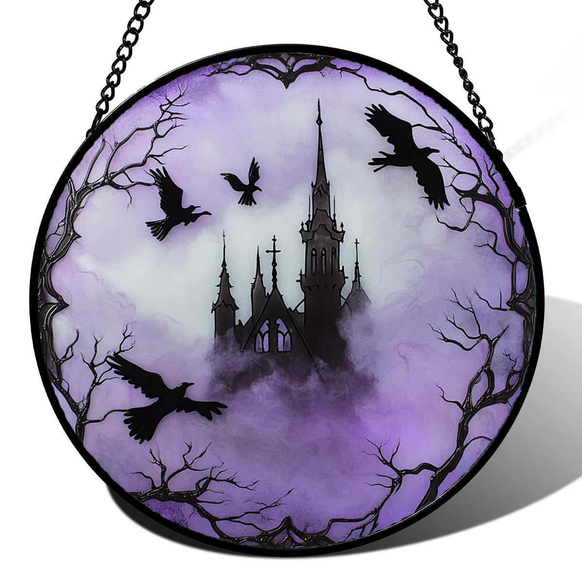 CRISGIF front view of gothic castle suncatcher showing Halloween motifs and color