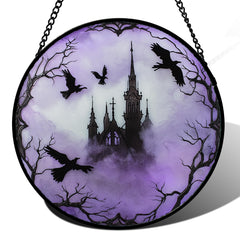 CRISGIF front view of gothic castle suncatcher showing Halloween motifs and color