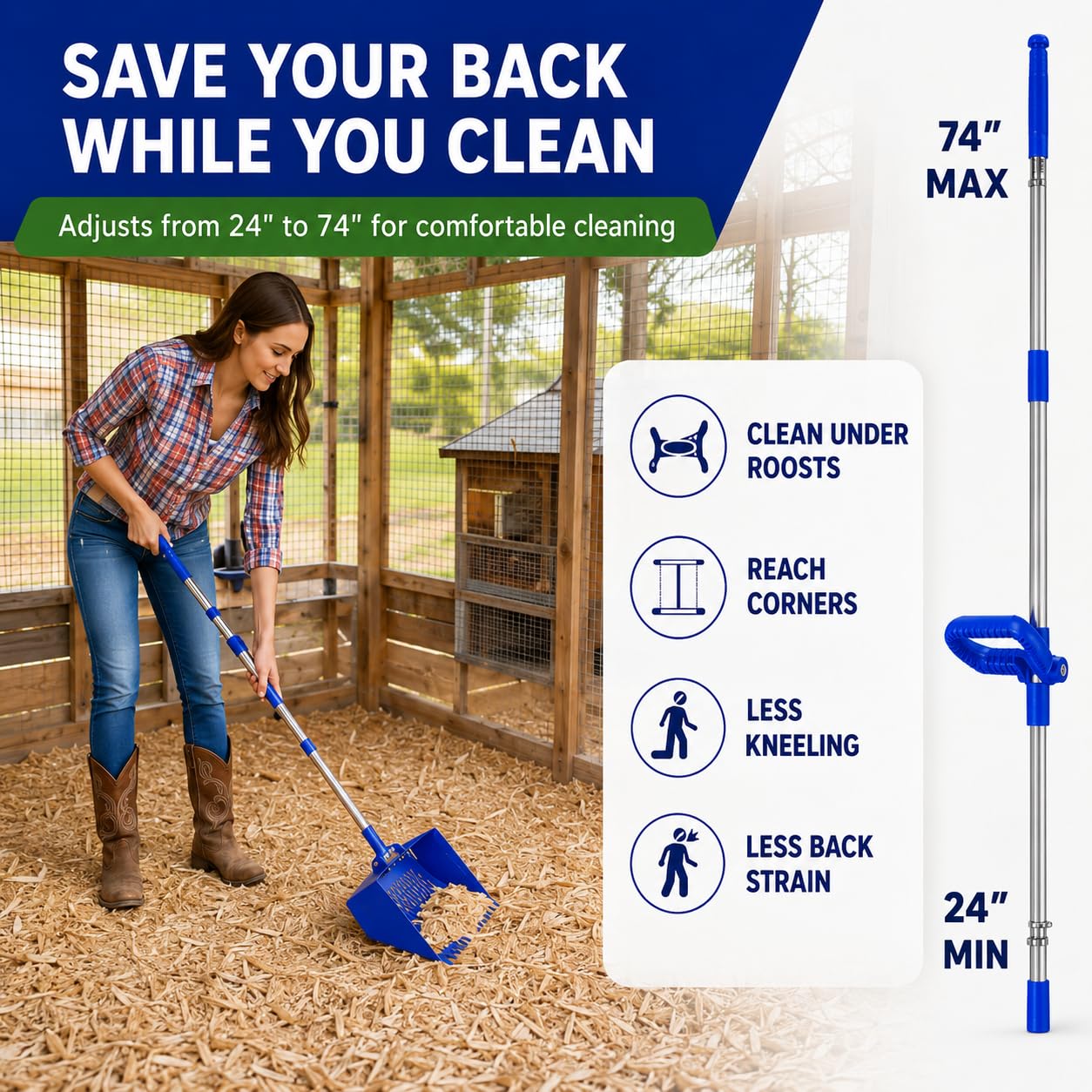 CRITTER FAVS person cleaning under roost to reduce back strain