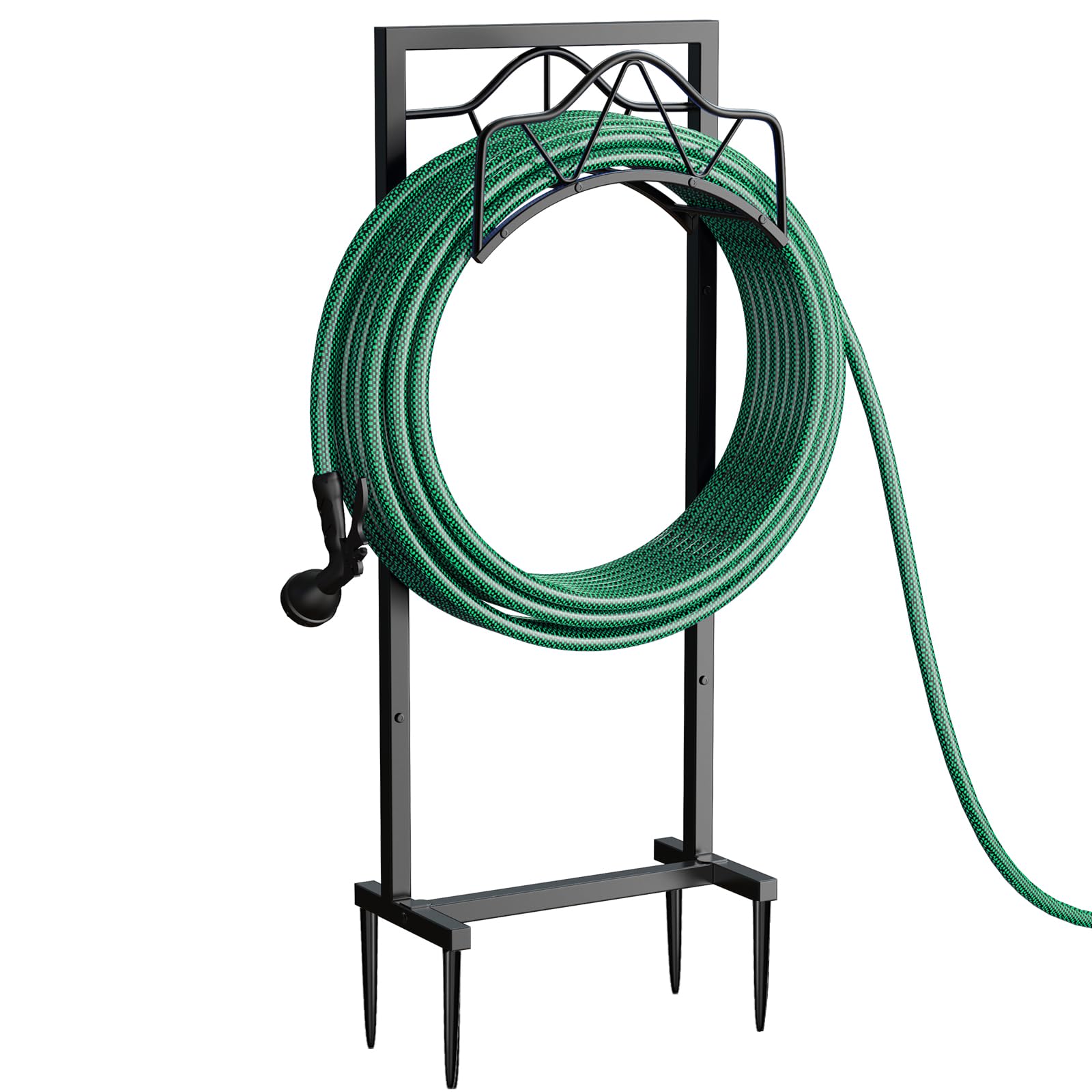 Crixny front view of freestanding hose holder showing neat storage benefit