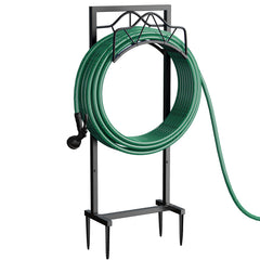 Crixny front view of freestanding hose holder showing neat storage benefit