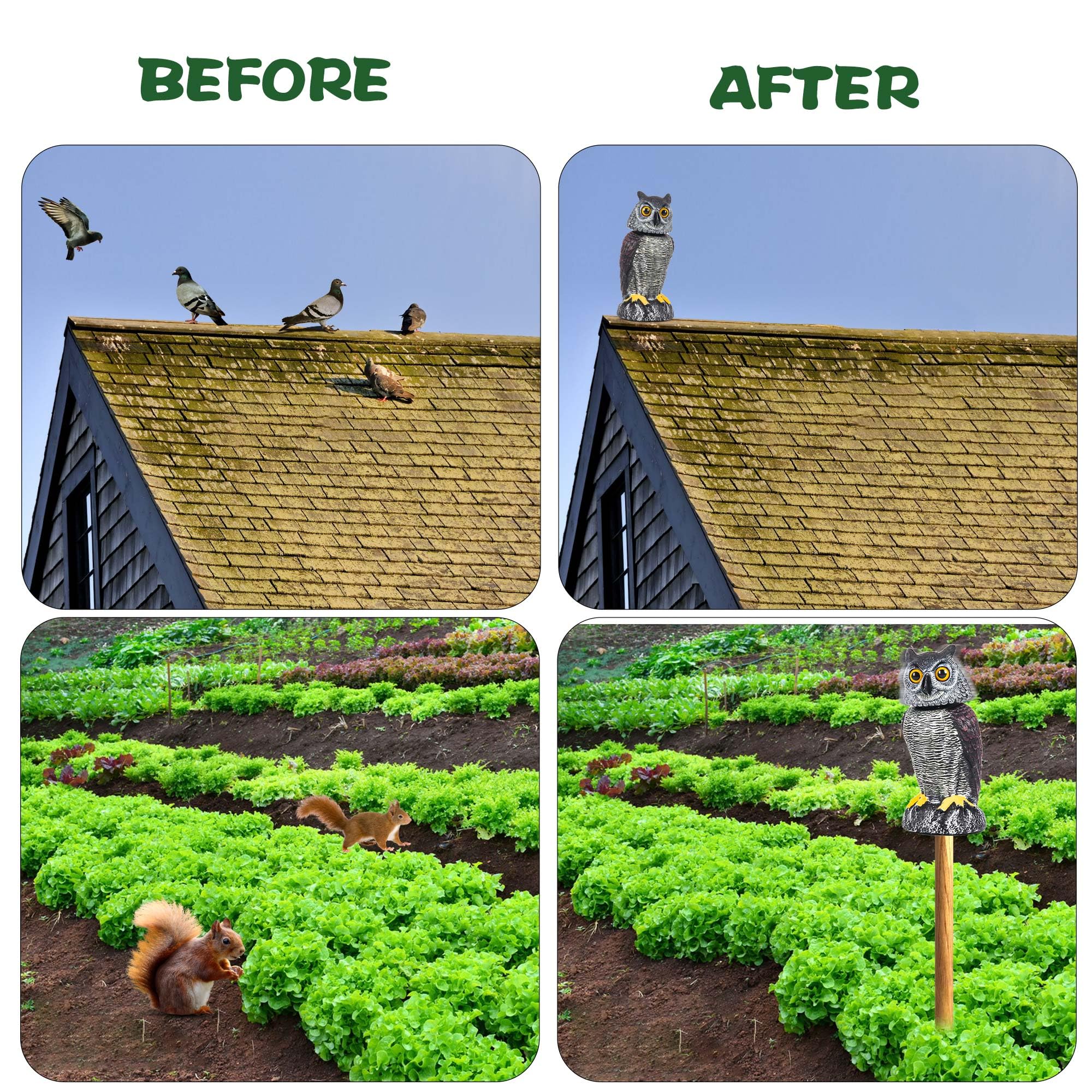 Crobirware owl placed in garden setting reducing bird visits and droppings