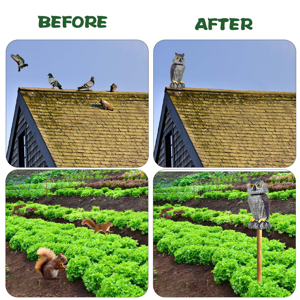 Crobirware owl placed in garden setting reducing bird visits and droppings