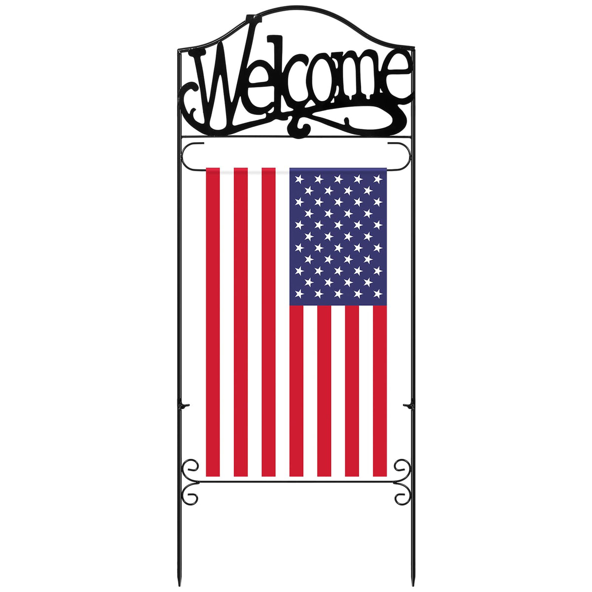 CroBlissful front view of iron garden flag stand showcasing durable build and curb appeal