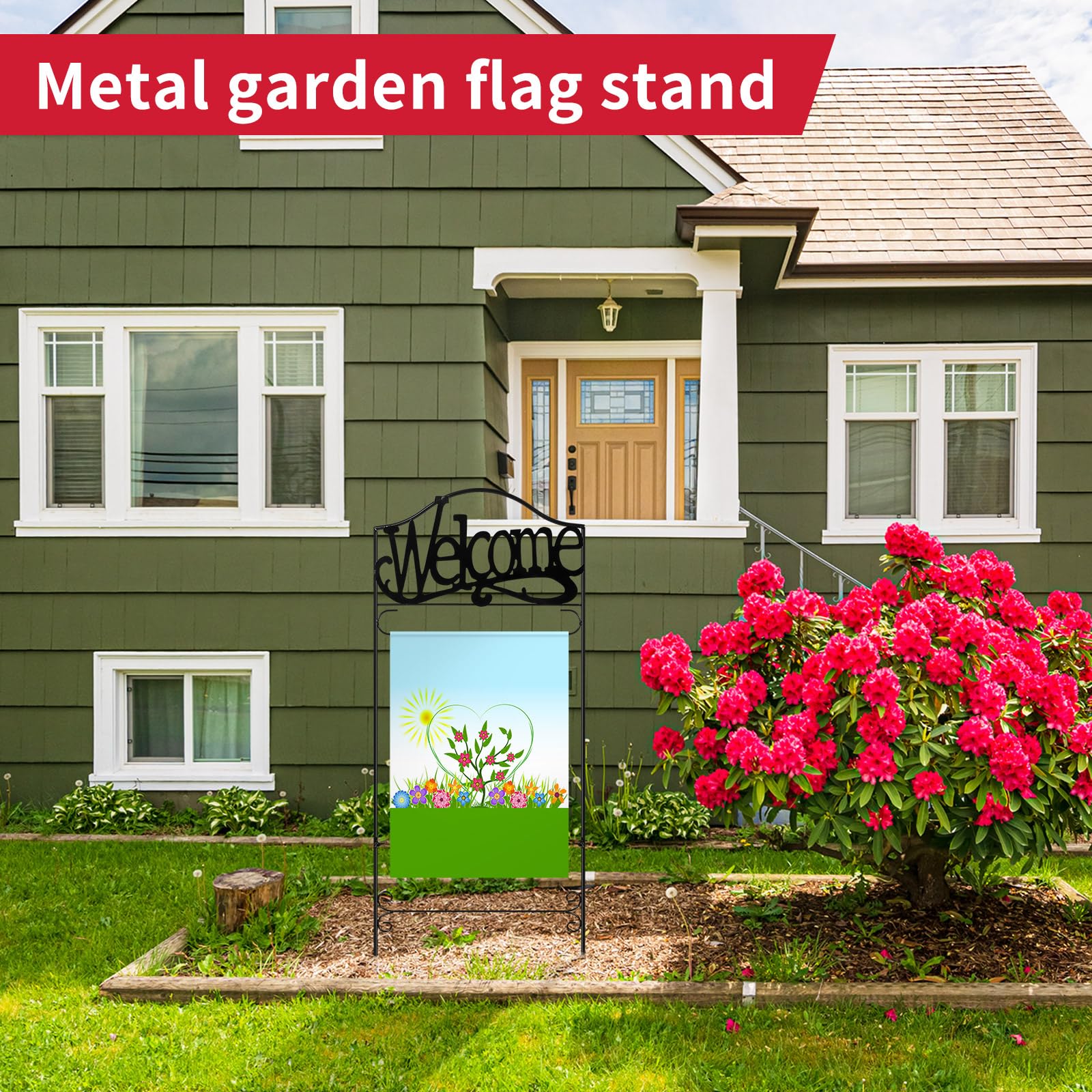 CroBlissful garden flag stand on a porch displaying seasonal decorating potential