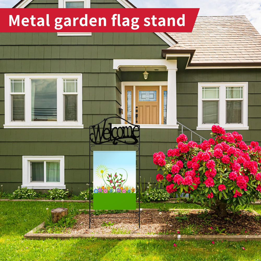 CroBlissful garden flag stand on a porch displaying seasonal decorating potential