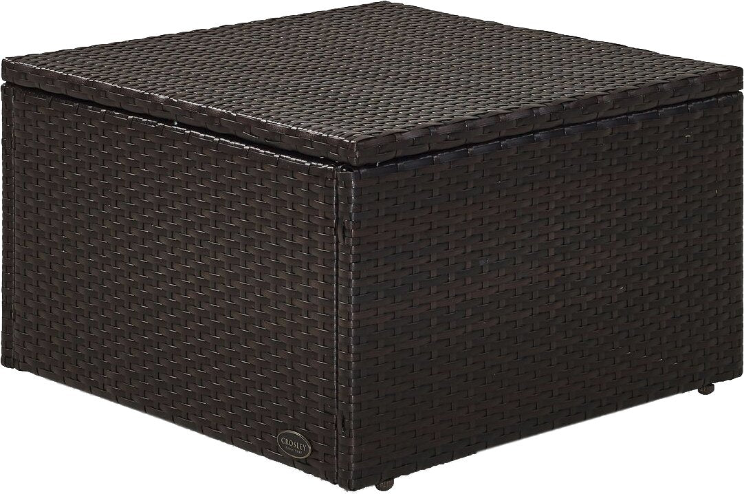 Crosley Palm Harbor ottoman in patio lifestyle scene showing stylish outdoor living