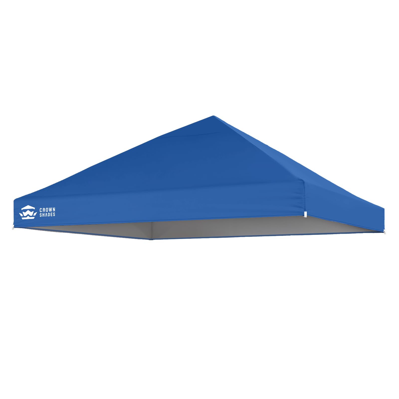 CROWN SHADES front view of blue 8x8 top restoring canopy cover and shade
