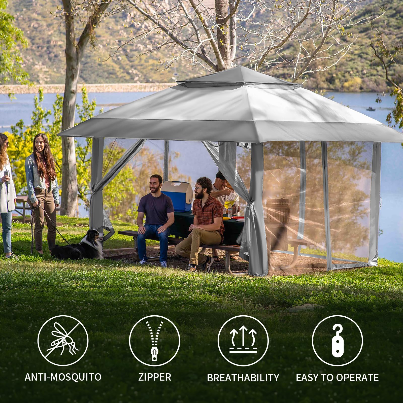 CROWN SHADES bottom hem with ground stakes demonstrating wind stability