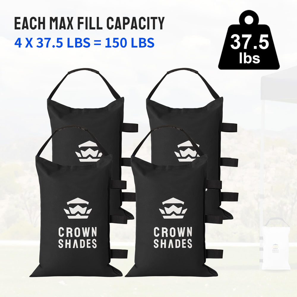 CROWN SHADES filled sandbag on grass illustrating strong wind protection benefit