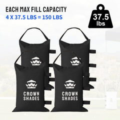 CROWN SHADES filled sandbag on grass illustrating strong wind protection benefit