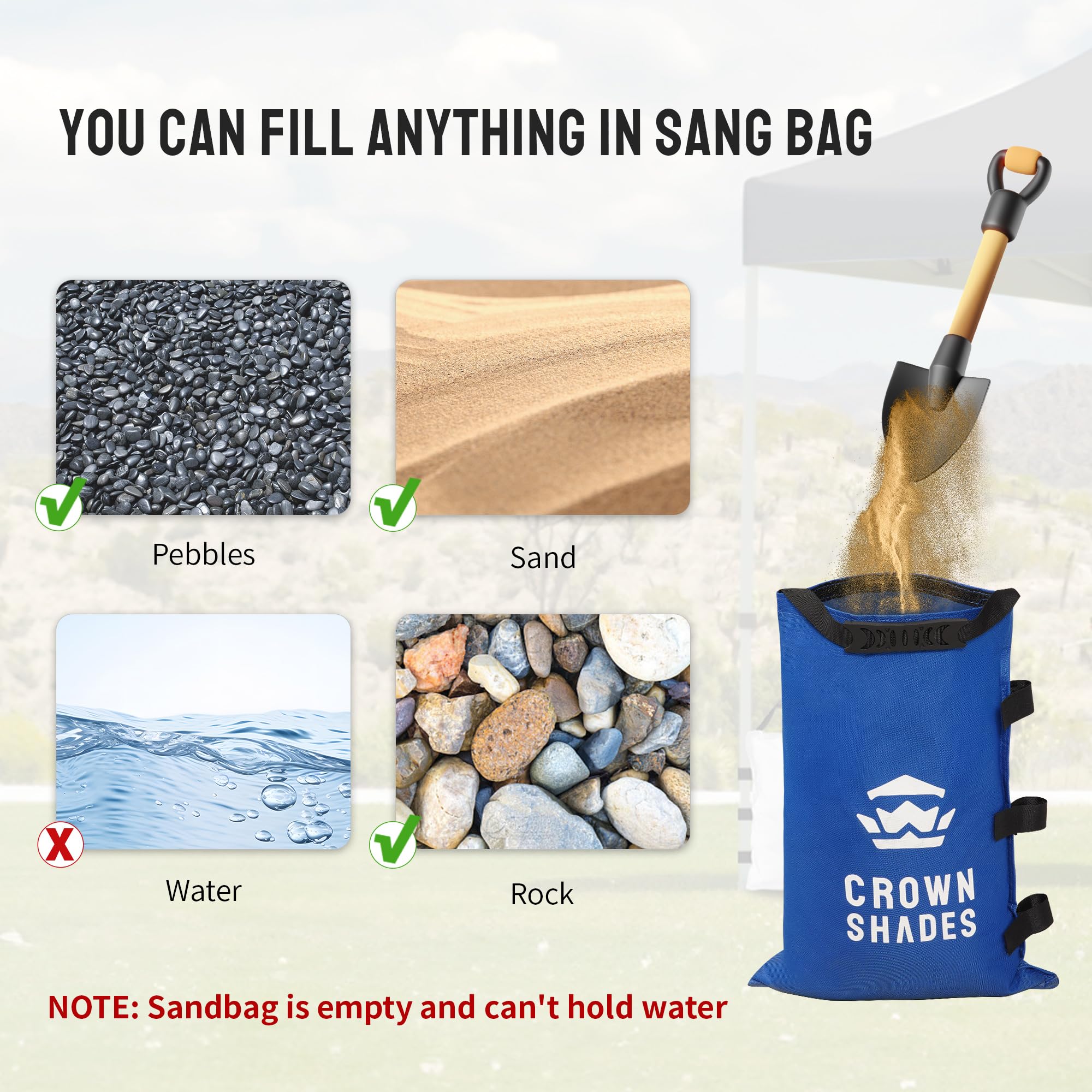 CROWN SHADES four bags displayed together illustrating 150 lb ballast