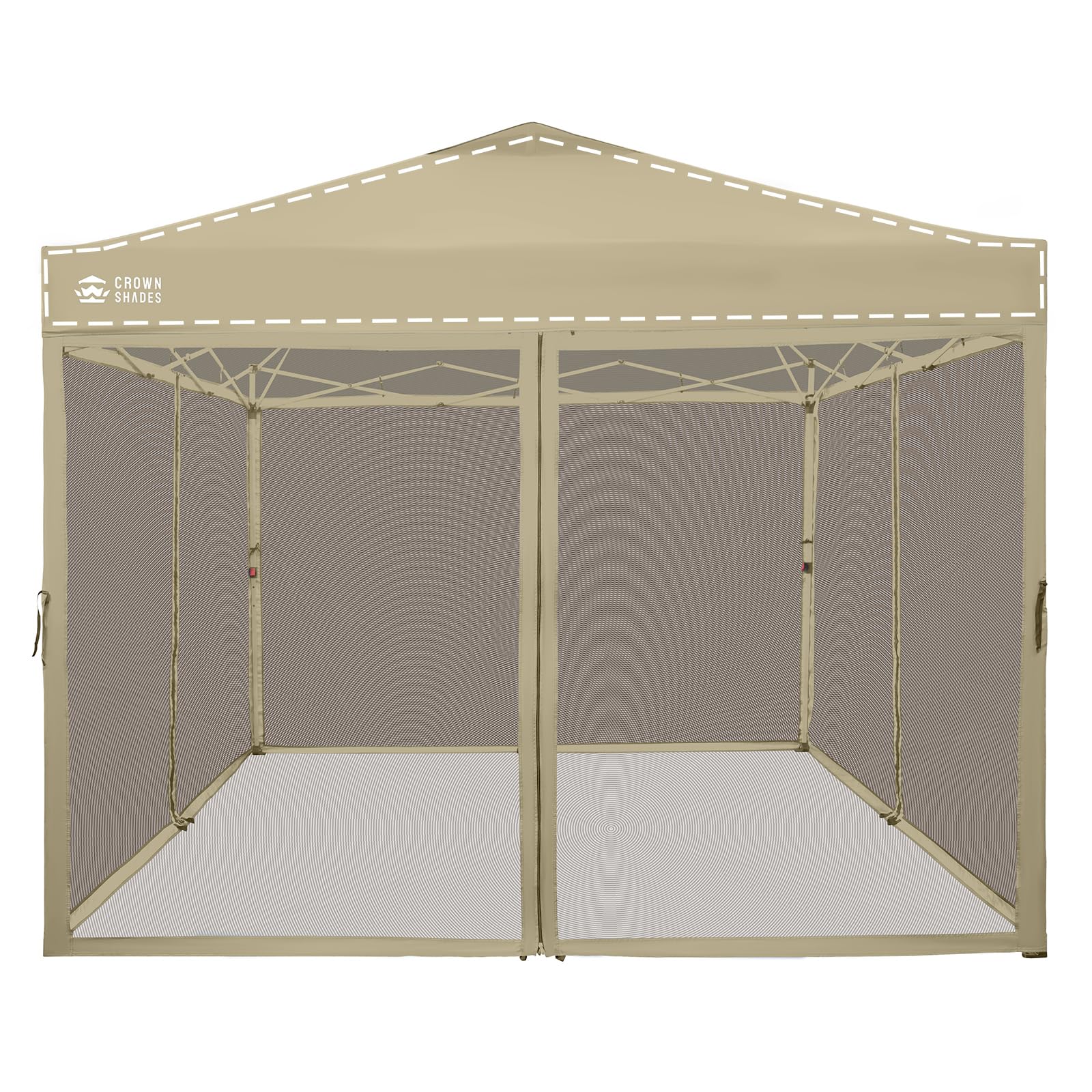 CROWN SHADES front view of full 10x10 khaki netting protecting gazebo