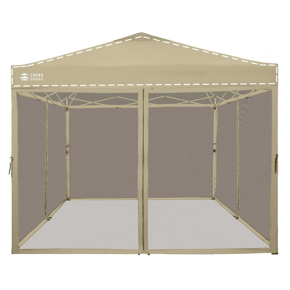 CROWN SHADES front view of full 10x10 khaki netting protecting gazebo