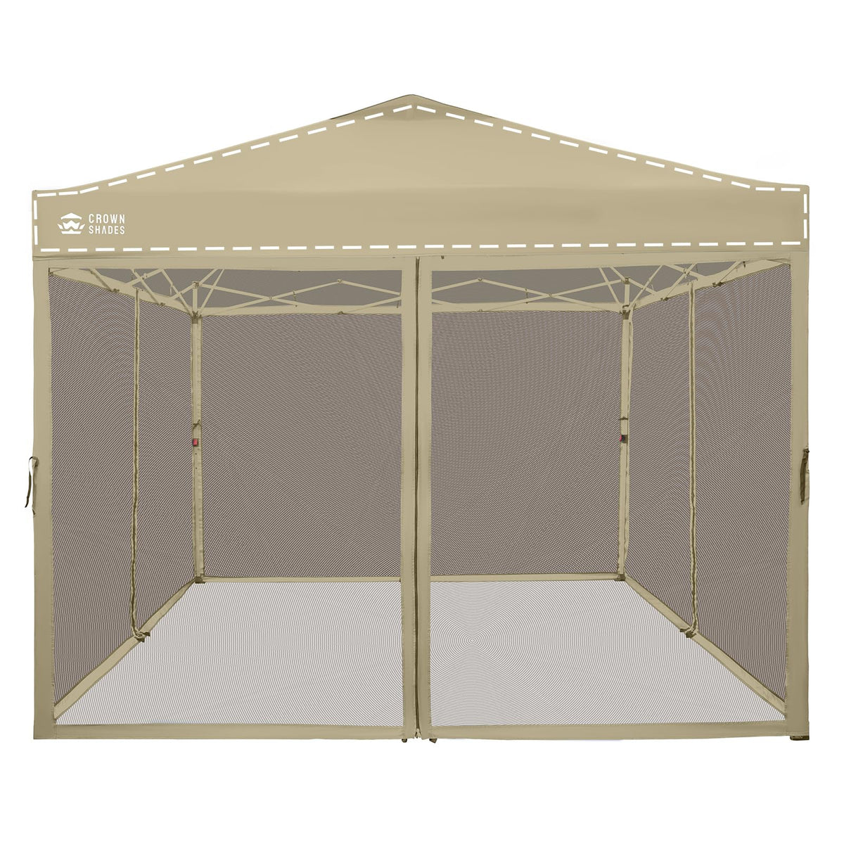 CROWN SHADES front view of full 10x10 khaki netting protecting gazebo