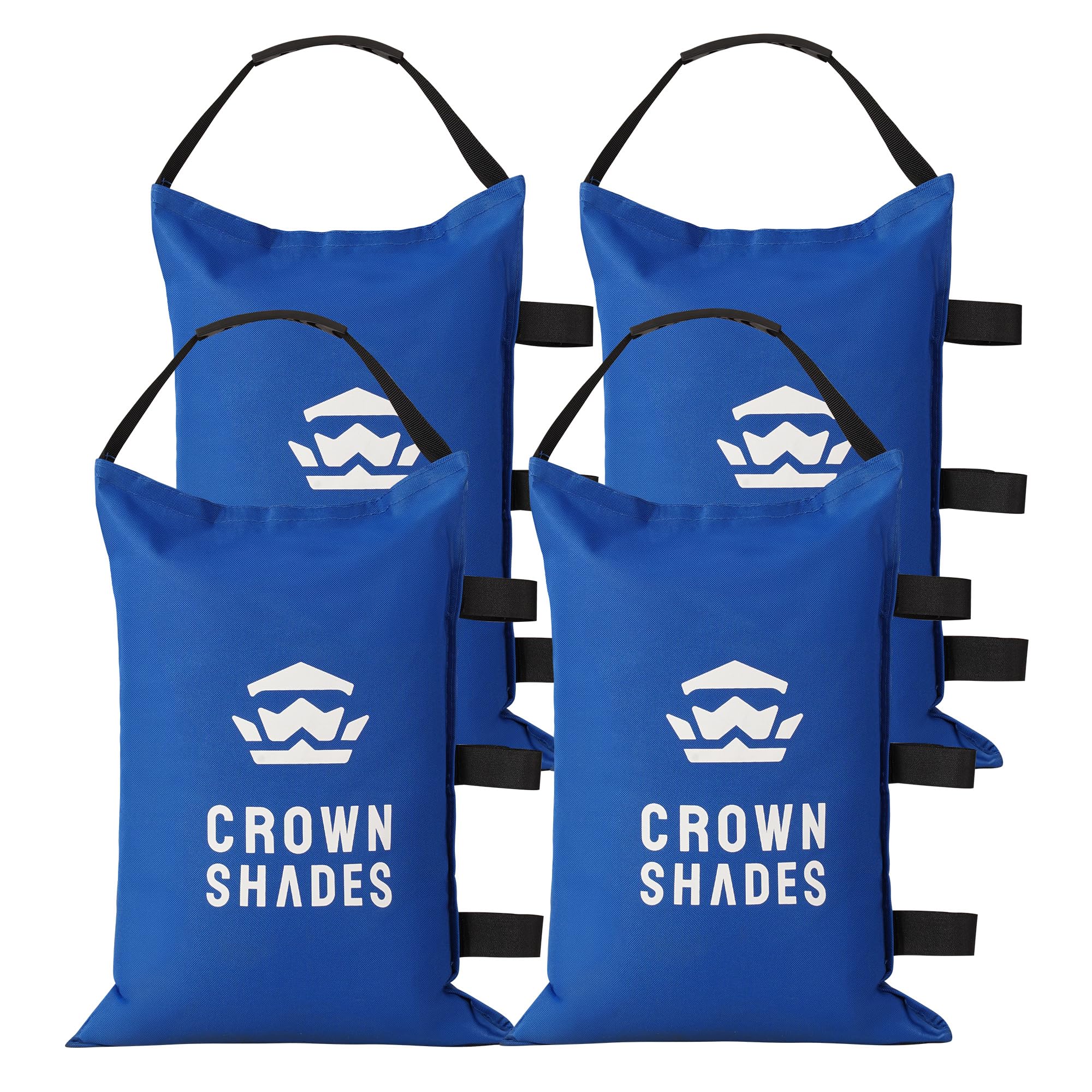 CROWN SHADES front view of blue sand bags showing stable canopy support