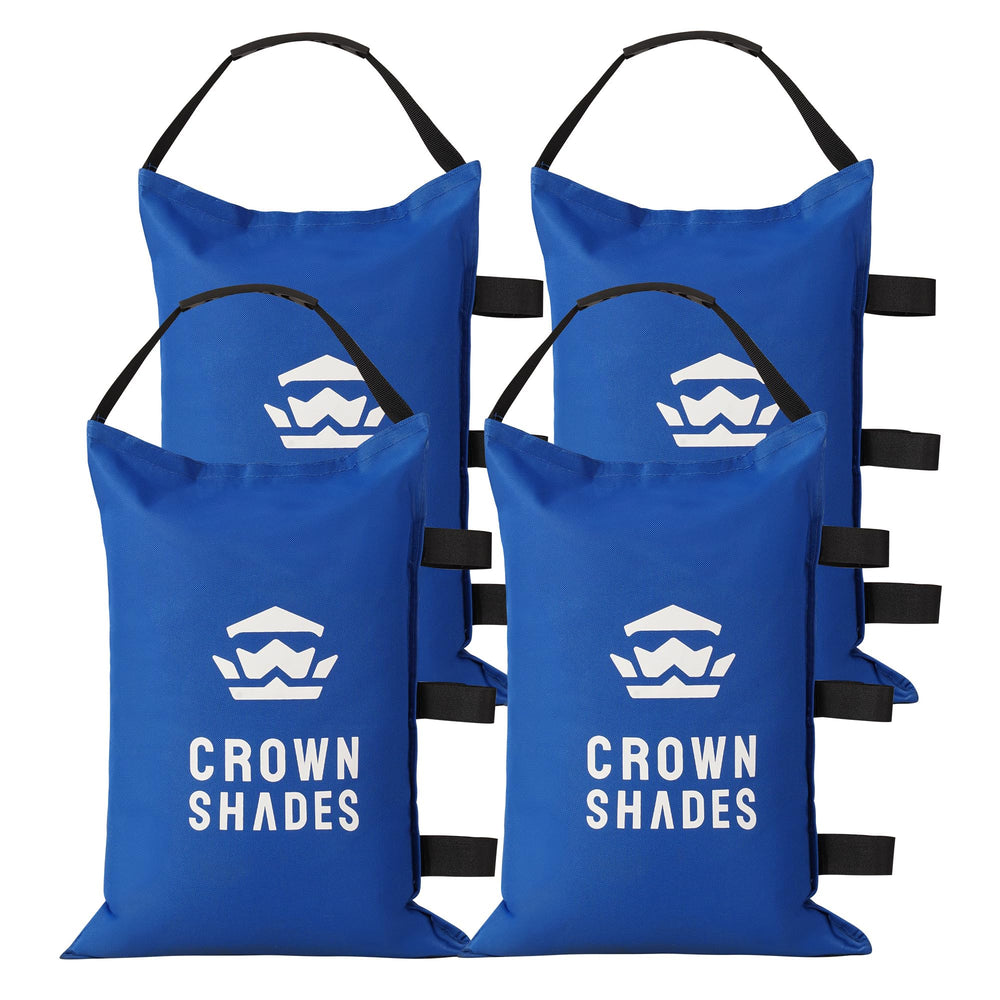 CROWN SHADES front view of blue sand bags showing stable canopy support