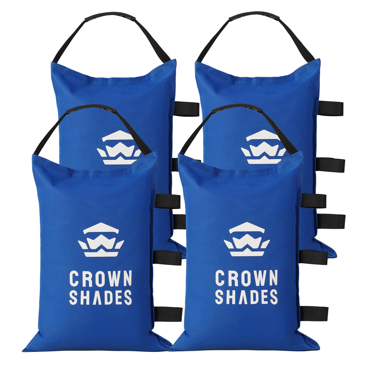 CROWN SHADES front view of blue sand bags showing stable canopy support