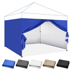 CROWN SHADES front view showing blue sidewall on canopy providing shade