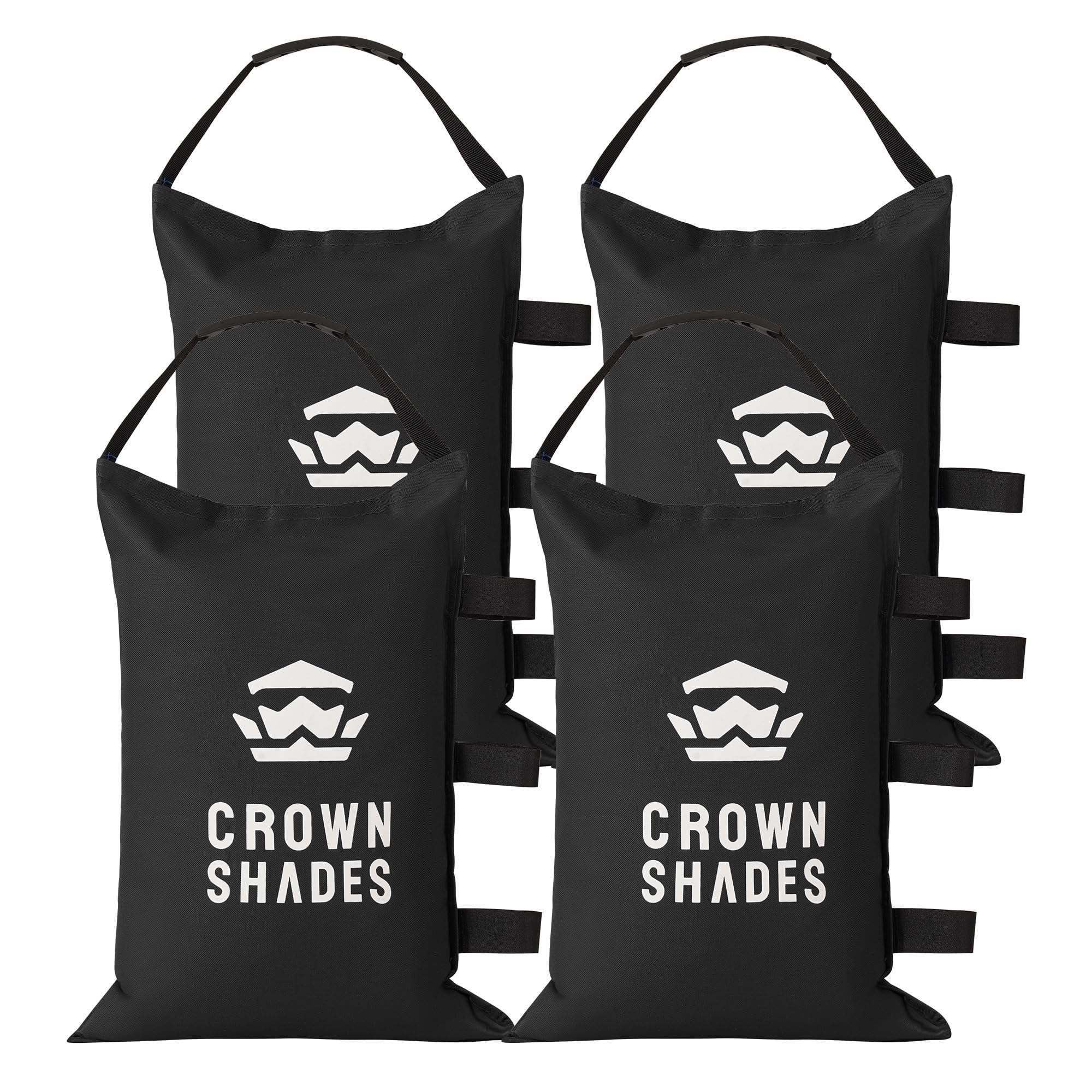 CROWN SHADES front view showing bag attached to canopy leg for secure anchoring