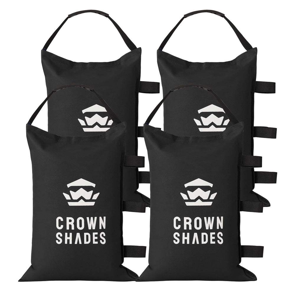 CROWN SHADES front view showing bag attached to canopy leg for secure anchoring