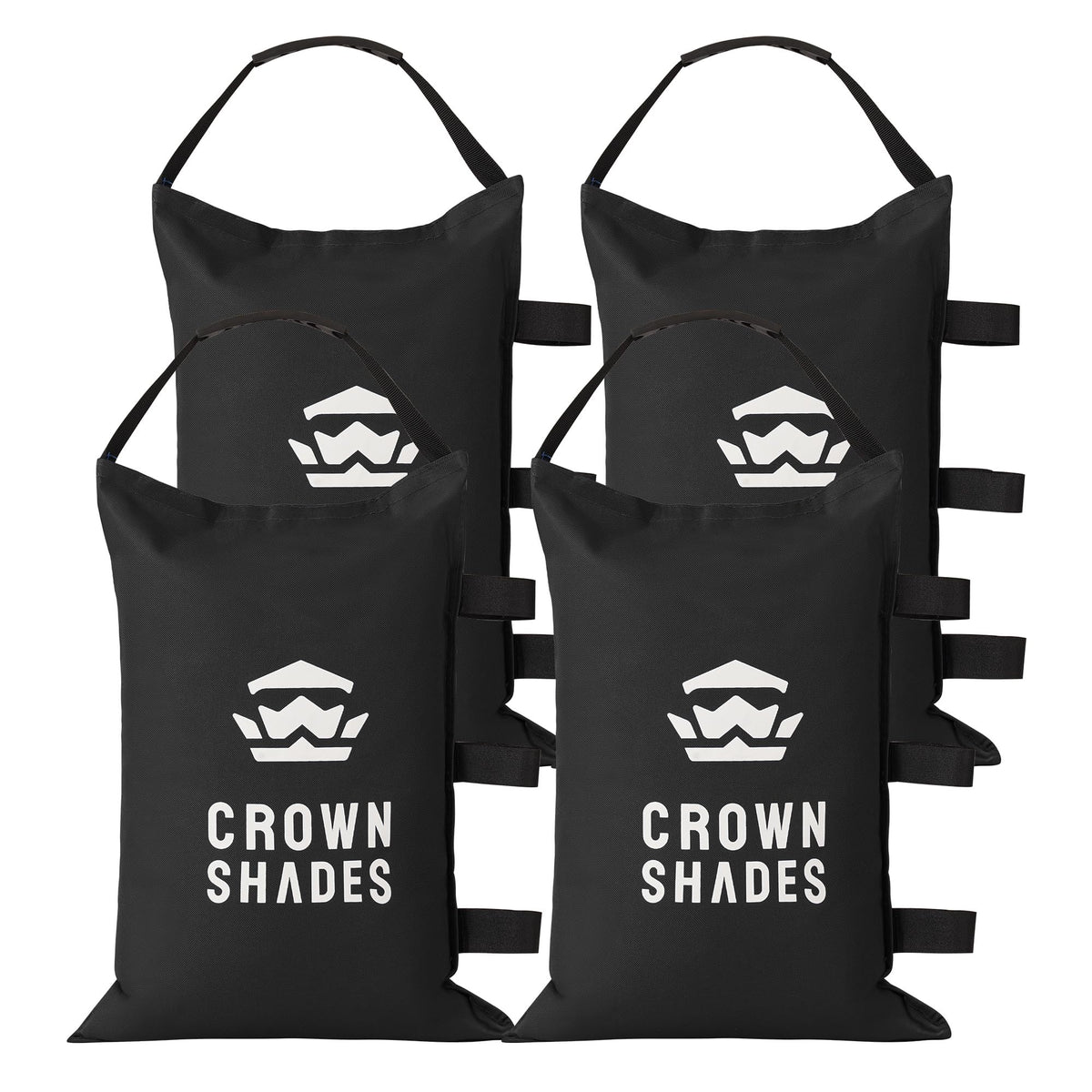 CROWN SHADES front view showing bag attached to canopy leg for secure anchoring